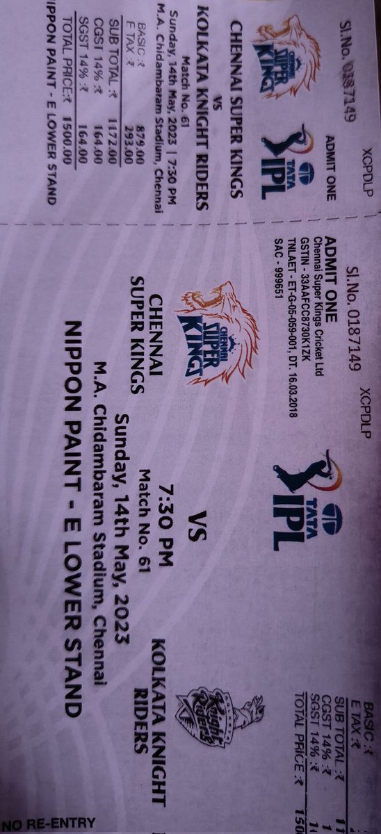Revansurya24's tweet photo. E lower tickets available #cskvskkr 
#csk #CSKForever #KKR https://t.co/z7HL1pi7pn