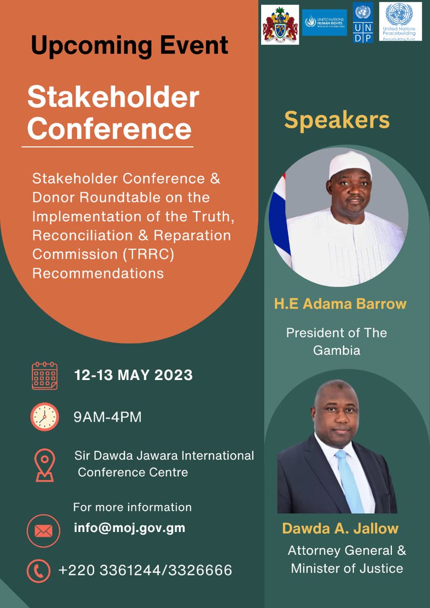 UNDP_TheGambia's tweet photo. Starting soon! 9:00am GMT / 4pm 

Stakeholder Conference and Donor Roundtable on the Implementation of the Truth, Reconciliation and Reparations Commission (TRRC) Recommendations🇬🇲

@UNDP_TheGambia co-organised the forum to strengthen partnerships🕊️ to fulfil #TRRCRecommendations https://t.co/6ksWYzz8Qq
