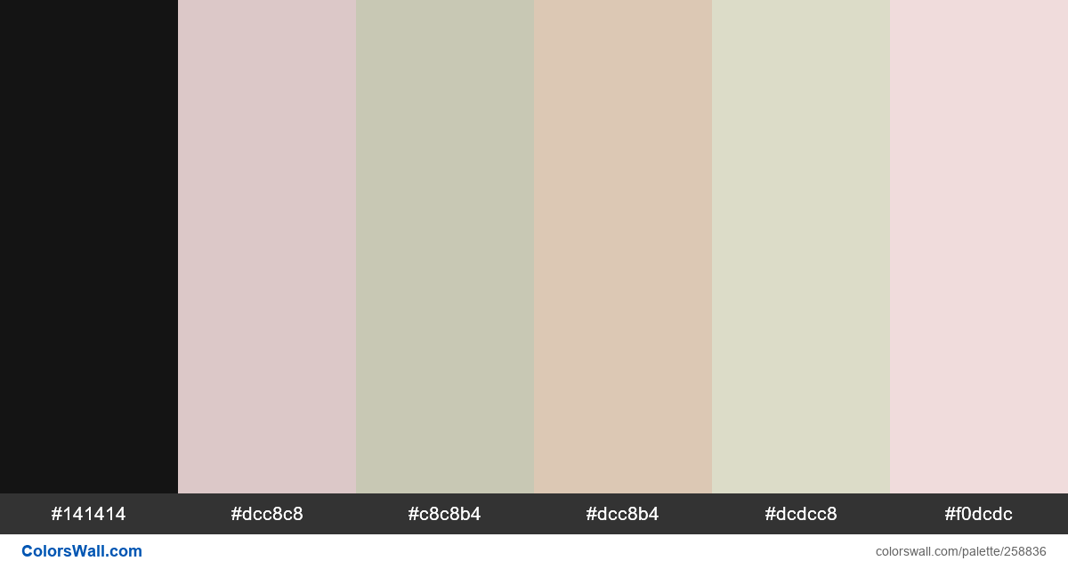 colorswall's tweet image. Web design daily 210620 colors #141414, #dcc8c8, #c8c8b4, #dcc8b4, #dcdcc8, #f0dcdc colors palette colorswall.com/palette/258836