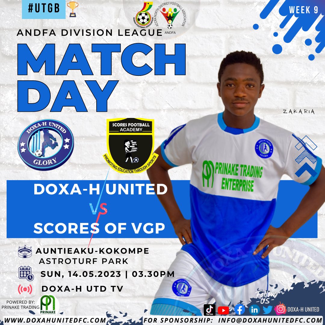 DoxahUnitedFC's tweet photo. Team News 🗣️

Accra North District Association- MATCHDAY 9
Our first home game of the second round continues on Sunday against the Amomorley Scores Of VGP. 

Kick-off @ 3:30 PM SUNDAY | 14-MAY-2023
Venue: AUNTIE AKU ASTROTURF

#UTGB 🔥 #DoxaHUnited #AndfaDivLeague #ScoresMustFall https://t.co/9Gw1UgWJLi