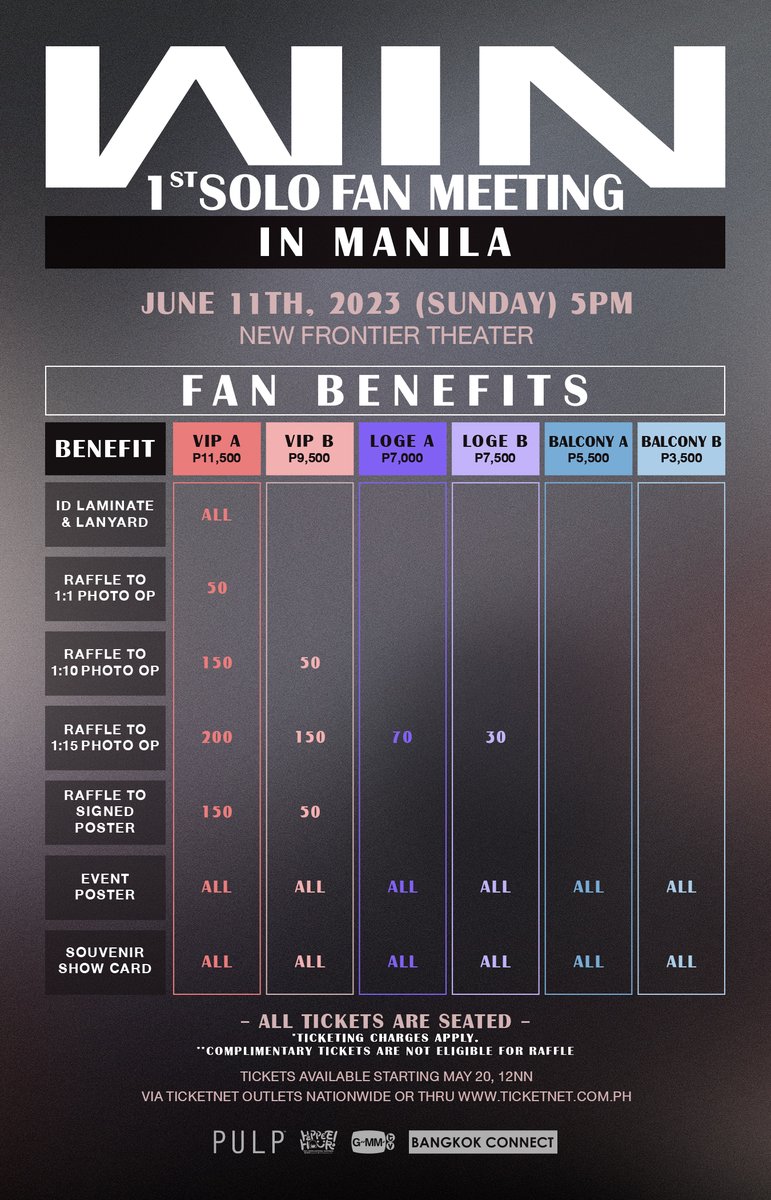 GMMTV's tweet photo. You know it’s a real win when you get to be together with WIN METAWIN even if it’s just for one magical night. Catch Thai heartthrob live for WIN 1st Solo Fan Meeting in Manila on June 11 at the New Frontier Theater. Check out the seat plan and awesome exclusive fan benefits to take your pick!

Tickets for #WINinMANILA2023 go on sale this May 20 via TicketNet outlets nationwide and https://t.co/6zrjAxdCQL.

#GMMTV