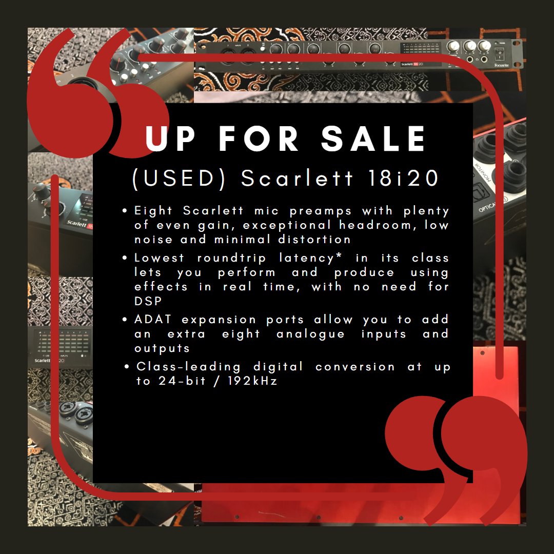 Assalamualaikum semua. 
I am letting go of my Focusrite Scarlett 18i20 (Gen 2) for RM1000. 

Reason for selling: 
- Practicality
- Upgrading my equipment
- For what I do, banyak input yang underutilized. 

Boleh PM untuk more info. COD Ampang, KL, Setapak. Tolong retweet!