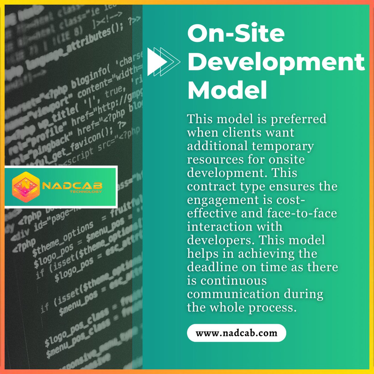 nadcablabs's tweet photo. "Onsite development made cost-effective and efficient with our temporary resource contract type, providing face-to-face interaction and continuous communication for timely project completion."
#nadcab #softwaredevelopment #nadcablab #token #blockchain #exchange #nft #defi #dapps https://t.co/49w3QqRL30