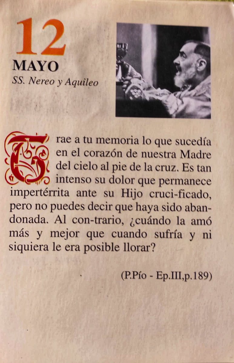 SanPadrePioPiet's tweet photo. ¡Feliz Viernes 12 de Mayo! 

“Trae a tu memoria lo que sucedía en el corazón de nuestra Madre del Cielo al pie de la cruz. Es tan intenso su dolor que permanece impertérrita ante su Hijo crucificado, pero no puedes decir que haya sido abandonada. Al contrario…” https://t.co/mp2DCBdHXR