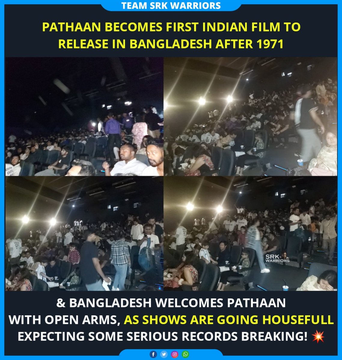 TeamSRKWarriors's tweet photo. #Pathaan becomes first Indian film to Release in Bangladesh after 1971

Our Team @SRKWarriorsBD Welcomes Pathaan With Open Arms.

Shows are going Housefull.
Expecting some Serious Records! 💥

#PathaanInBangladesh
#PathaanFDFS https://t.co/ZoqCWV9eZI