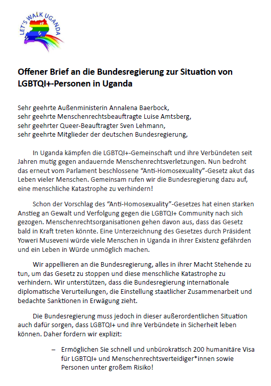 LWUGANDA's tweet photo. Solidarität mit der LGBTQI+ Community in Uganda! 

Gemeinsam mit @C_Emcke, @Maren_Kroymann, @habibitus  und 80 anderen fordern wir @ABaerbock, @DEonHumanRights und @svenlehmann in einem offenen Brief auf: 

Schützen Sie Menschen in akuter Gefahr!

https://t.co/WT6r7f7wj6 https://t.co/JCE4HnPgOO