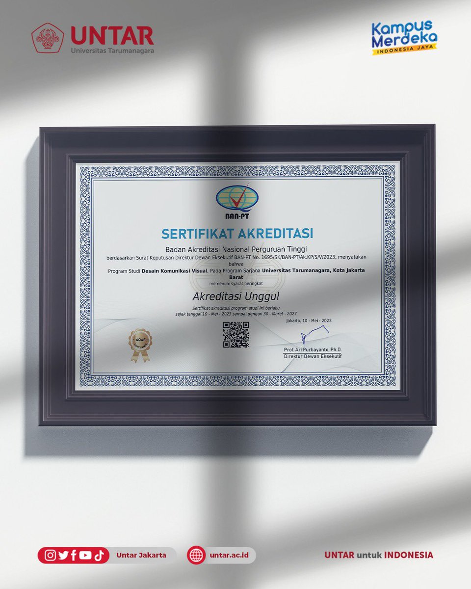 UntarJakarta's tweet photo. Selamat dan sukses atas diperolehnya Akreditasi Unggul dari BAN-PT kepada Program Studi Desain Komunikasi Visual (DKV) FSRD Untar.

Untar untuk Indonesia, Untar selalu di hati.

MinTar super duper bangga! ❤️‍🔥🤩

#Untar
#UntarJakarta https://t.co/TXB90JDCon