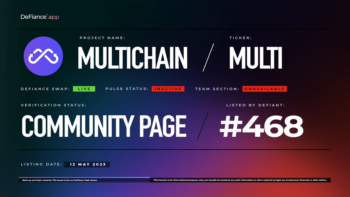 DeFiance_App's tweet image. .@MultichainOrg community page is now live on DeFiance.app/project/Multic….

$MULTI is now listed on #DeFianceSwap.

#Multichain is the ultimate Router for web3. It is an infrastructure developed for arbitrary cross-chain interactions.

Learn more at users.DeFiance.app.
$MULTI