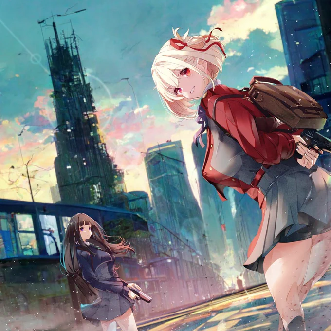これはmidjourney出始め(去年の8月とか)に描いた私とAIのミクストメディア 偶然電波塔ぽいモチーフが乗っかってソレに合わせてキャラ描きました