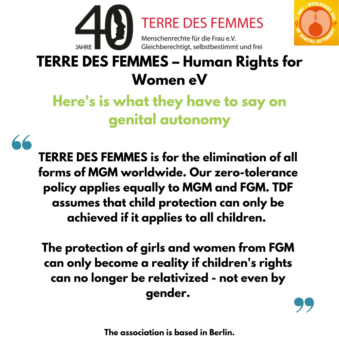 Terre Des Femmes @TDFeV  recognises that female and male circumcision are not treated equally in law. They advocate for the same fundamental rights and protections for all children.  

#GenitalAutonomy #HumanRights #EndMGM #EndFGM #wwdoga