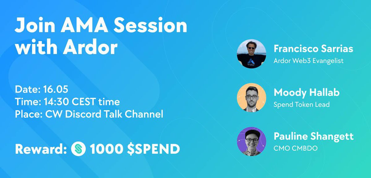 CryptoWalletcom's tweet image. Get ready to win 1000 $SPEND and join the #Ardor AMA on: 
📌May 16th, at 2:30 pm CEST on Discord!💥
Francisco from @ArdorPlatform will be answering your questions—
Hang out with us, learn about $ARDR and win crypto!🎉
Don’t miss it!
See you there 👉bit.ly/ardrama_cw