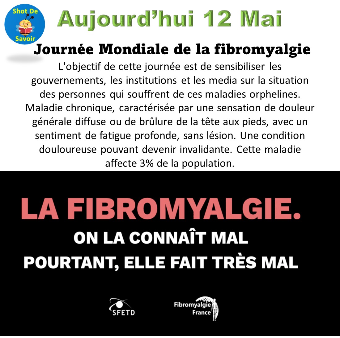 🎗Aujourd’hui 12 Mai

Journée Mondiale de la fibromyalgie

#JournéeMondiale