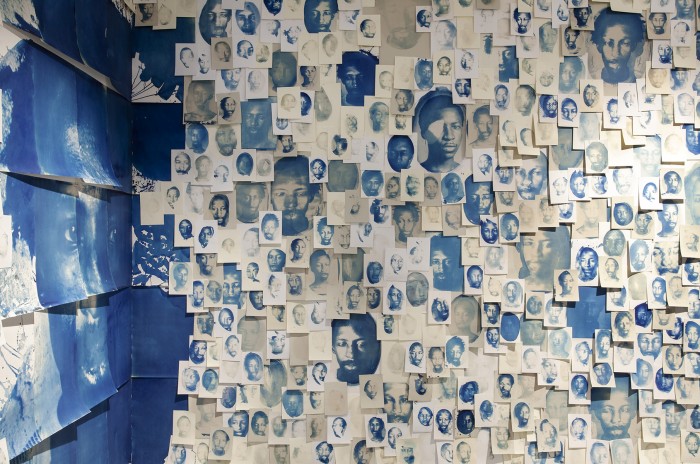 Thousands of cyanotype prints from the ongoing series 'Fixing shadows- Julius and I' by Ghanaian photographer, Eric Gyamfi, pay homage to the transgressive, African American composer Julius Eastman (1940-1990). 

Currently on show at <a href="/AutographABP/">Autograph</a> #London 

Photo by Kate Elliot.