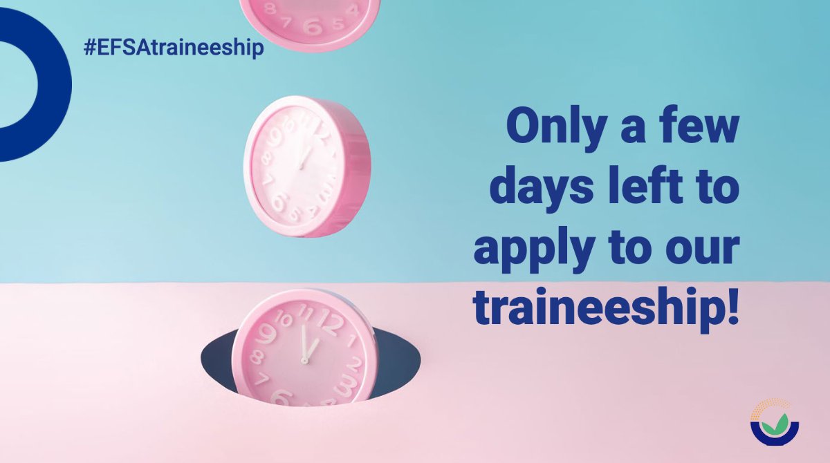 EFSA_EU's tweet photo. 💡Have you applied to #EFSATraineeship yet?
Only 3⃣ days left to submit your application for a chance to be one of our future trainees!
Don't miss this opportunity, apply now 👇
✍️https://t.co/ygvwuvByo0
⏰15/5/23
#eucareers https://t.co/cJjSSEXf4Q