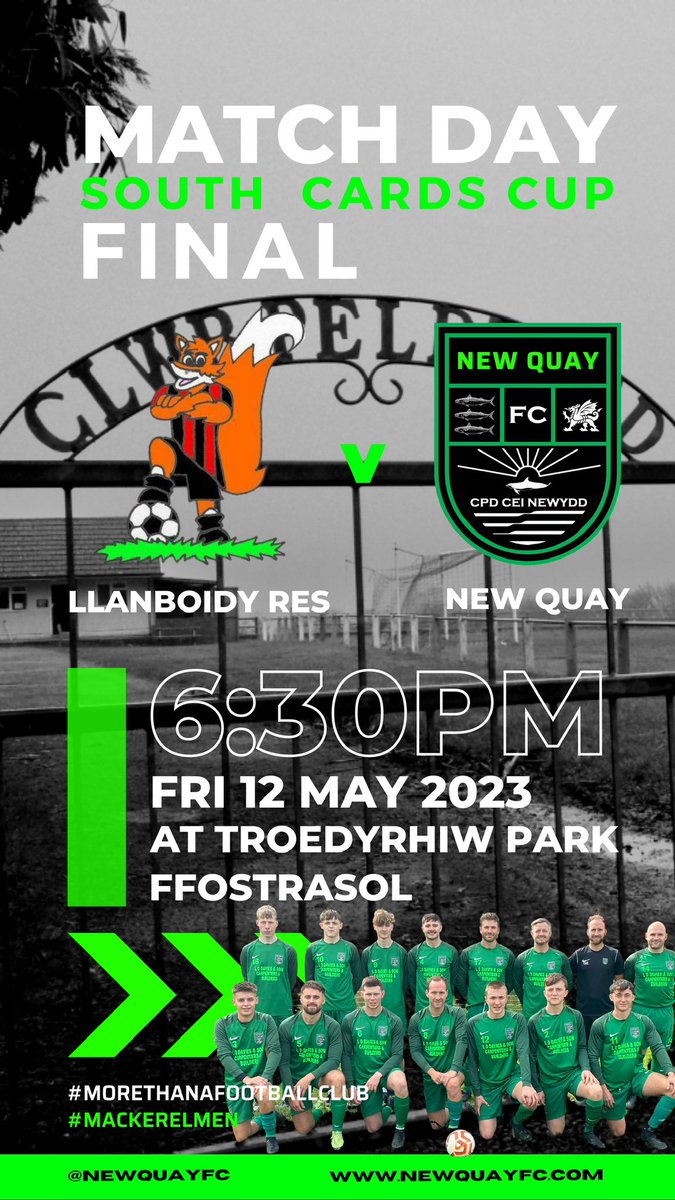 Match Day:
 
🏆South Cards Cup, Final

Tonight! Come down and support the boys!
 
🎥 Llanboidy Res v New Quay
⏰ KO 6:30pm
📆 Fri 12th May
🏟 Troedyrhiw Park, Ffostrasol

Food and Drink Available. Bring Cash.
 
#MoreThanAFootballClub
#MackerelMen 🟢⚫️🎣⚽️
<a href="/SCards_Football/">Ceredigion League</a>