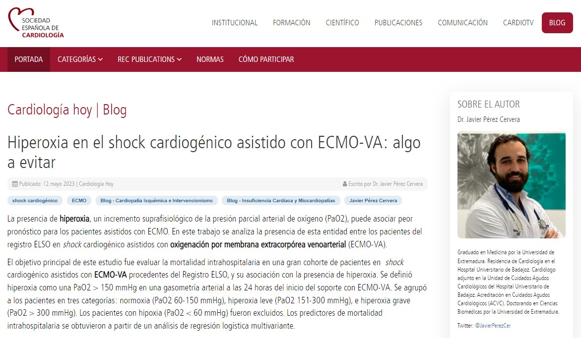 Soc Esp Cardiología (@secardiologia) on Twitter photo "En pacientes con ECMO-VA por shock cardiogénico, la mortalidad presentó un incremento casi lineal acorde al nivel de la severidad de la hiperoxia, consistente entre los diferentes subgrupos", indica <a href="/JavierPerezCer/">Javier Pérez Cervera</a>. #BlogSEC @jovenesSEC ow.ly/1Gaj50Omczi "En pacientes con ECMO-VA por shock cardiogénico, la mortalidad presentó un incremento casi lineal acorde al nivel de la severidad de la hiperoxia, consistente entre los diferentes subgrupos", indica <a href="/JavierPerezCer/">Javier Pérez Cervera</a>. #BlogSEC @jovenesSEC ow.ly/1Gaj50Omczi