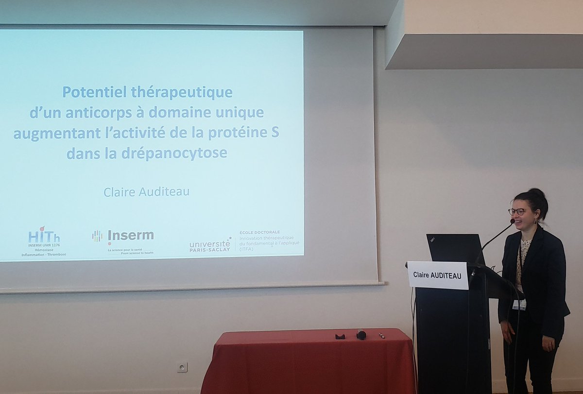 La session "Thrombose" continue avec <a href="/ClaireAUDITEAU/">Claire AUDITEAU</a> de @InsermU1176 !  La drépanocytose  et la protéine S, thérapie par nanobody! #CFH2023