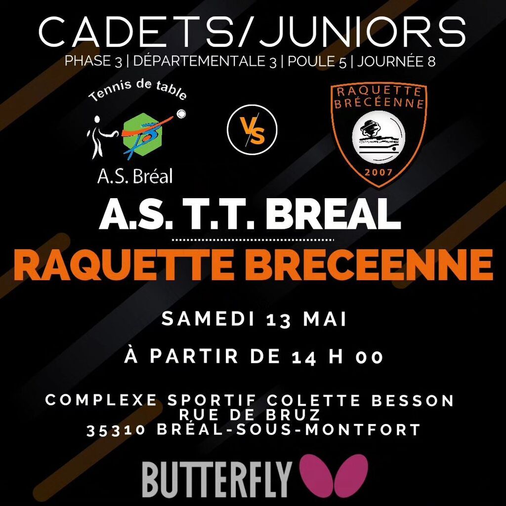 raqbreceenne's tweet photo. 🏓 Saison 2022/2023 - Équipe Cadets/Juniors - Phase 2 - Journée 8

L’équipe de jeunes affronte Bréal samedi. 
S’ils gagnent, ils joueront à Mordelles contre les vainqueurs d’autres poules ! 🏆

🟠 Allez Brécé ⚫

#raqbrece #cdtt35 #lbtt #fftt #brece #bré… https://t.co/ZSeBNeUdo1 https://t.co/6Z0C718dkv