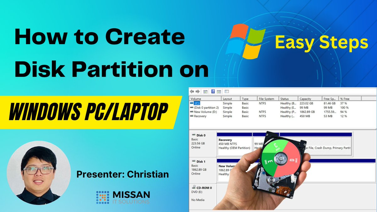Techmissan's tweet image. How to create Disk Partition in a hard drive? - Discover how to create multiple partitions, allocate space effectively, and optimize your storage for improved performance.

Click to watch the tutorial: youtu.be/mRRXvAwdOfw

#diskpartition #tutorial #itsupport #itsolutions