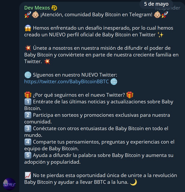 BabyBitcoin11's tweet photo. Message from the BBTC Devs‼️‼️‼️
NEW Official Baby Bitcoin Twitter Profile
https://t.co/vaHg87znEt 

#BBTC @elonmusk #Bitcoin📷 #Binance📷 #Dogecoin #busd #bnb📷 #usdt #nft #bbtc #BabyBitcoinBCS #launchpad @nayibbukele
@greg16676935420 https://t.co/XlSoV0oXdb