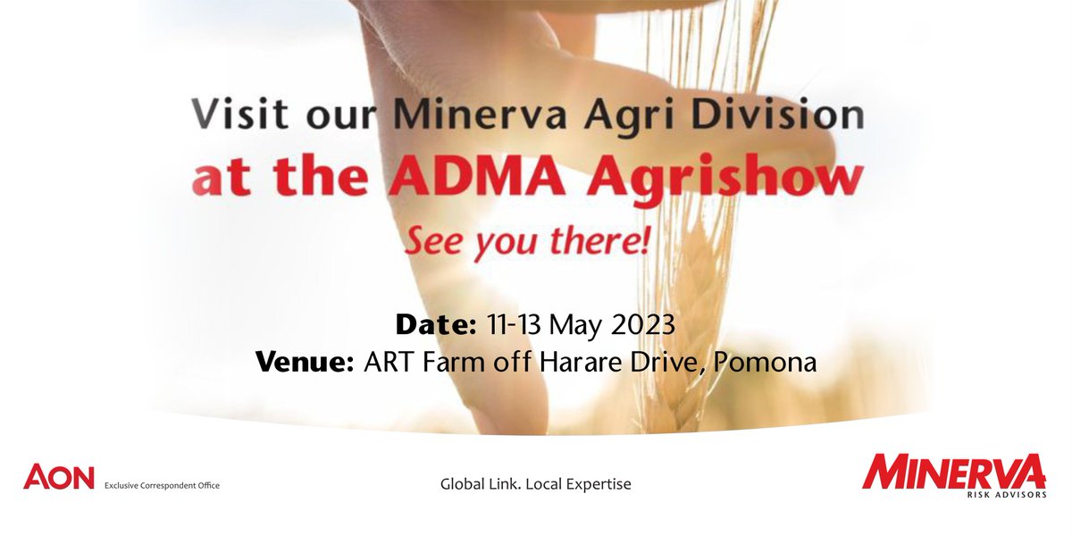 MinervaRiskZim's tweet photo. Get the best insurance solutions for your farm, visit us at the ADMA AgriShow until the 13th of May 2023.
#ADMA #admaagrishow #agriculture #farming #farmingbusiness #farmingexpo #agriculturalexpo #zimevents #zimbabwe #agriculturezimbabwe #zimfarming #farmingzimbabwe #farmingzim https://t.co/iSyXJTnBHU