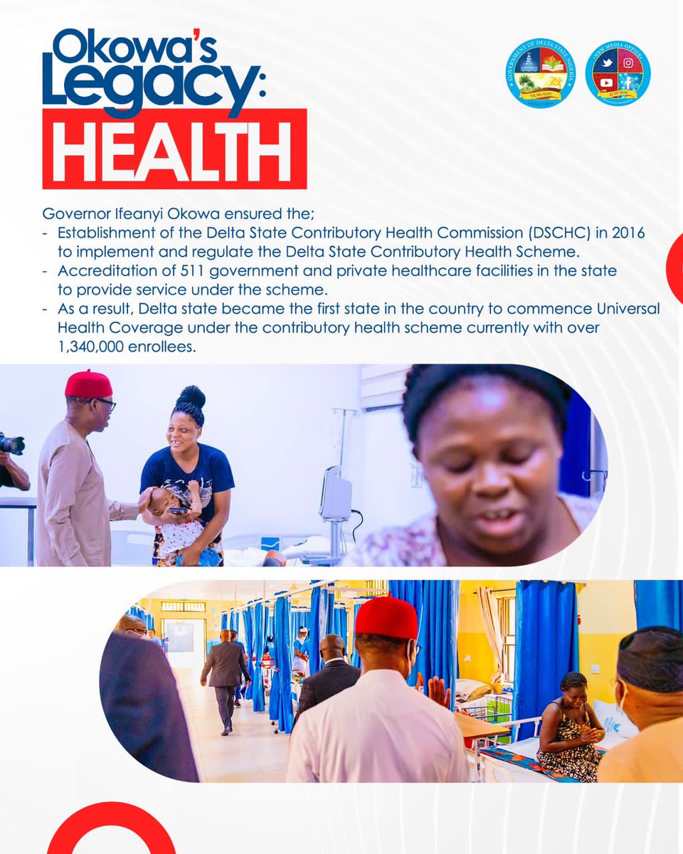 Governor Ifeanyi Okowas' vision for the health sector in Delta State has been fufilled. The Contributory Health Scheme has enrolled millions of Deltans, 200 primary healthcare centers and 65 hospitals has been upgraded. #StrongerDelta
#AccessToHealthcare.
#OkowaFinishingStrong