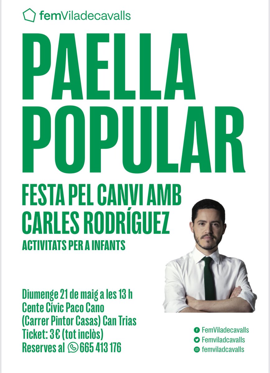 FemViladcavalls's tweet photo. 🥘 El proper diumenge 21 de maig a les 13h no us perdeu la #PaellaPopular pel #Canvi al Centre Cívic Paco Cano de #CanTrias!

📞RESERVES (per Whatsapp) al 665413176

🎟️Ticket: 3 € (tot inclòs) Menú Paella

*Apta per a celíacs

👧🏼🧒🏻Hi haurà activitats per a infants https://t.co/0DWpN7nMhS
