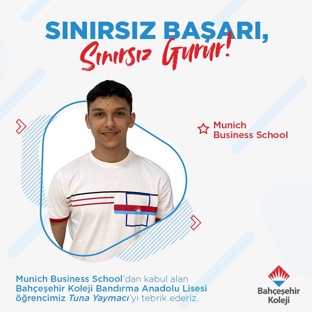 👏🏼Tebrikler Tuna!

Munich Business School’dan kabul alan Bahçeşehir Koleji Bandırma Anadolu Lisesi öğrencimiz Tuna Yaymacı’yı tebrik ederiz.

Gururluyuz! ❤️💙
Yolun açık olsun Tuna👏🏻

#bahçeşehirkoleji 
#SınırsızBaşarıSınırsızGurur