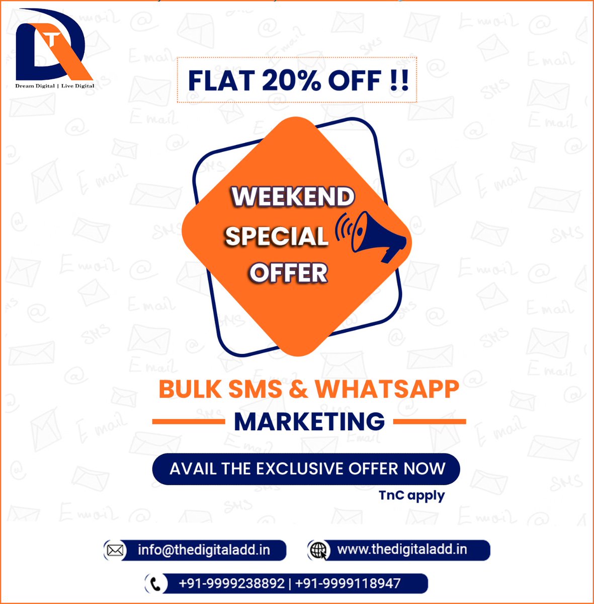 TheDigitalAdd's tweet photo. "Unwind this weekend with our exclusive offer!
Flat 20% Off On Bulk SMS & WhatsApp Marketing.
Give us a chance to serve in a better way.
👉Call- 9599064933
👉Email-sales@thedigitaladd.in
👉https://t.co/x9nbEymgPH
#otpsms #OTP #privacyandsecurity #SMS #smsmarketing #TextMarketing https://t.co/ZbriNXaM0E