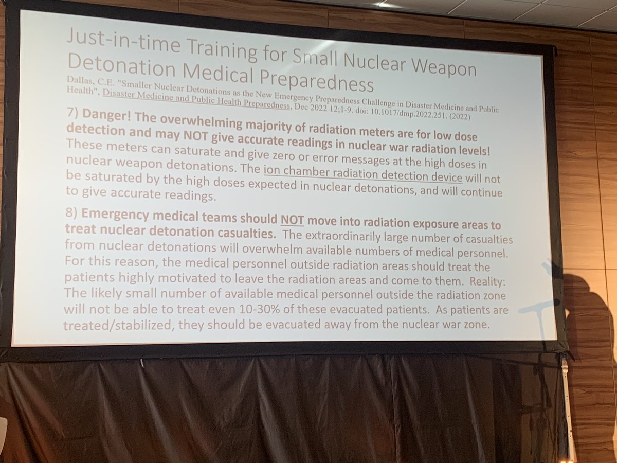 From Cham Dallas: The photos list the 8 main points of his talk about responding to radiation disasters. We can be harmed as medical rescuers by going into “hot” contaminated ZONES, but contaminated PATIENTS cannot cause radiation exposure to us. #CEEM23