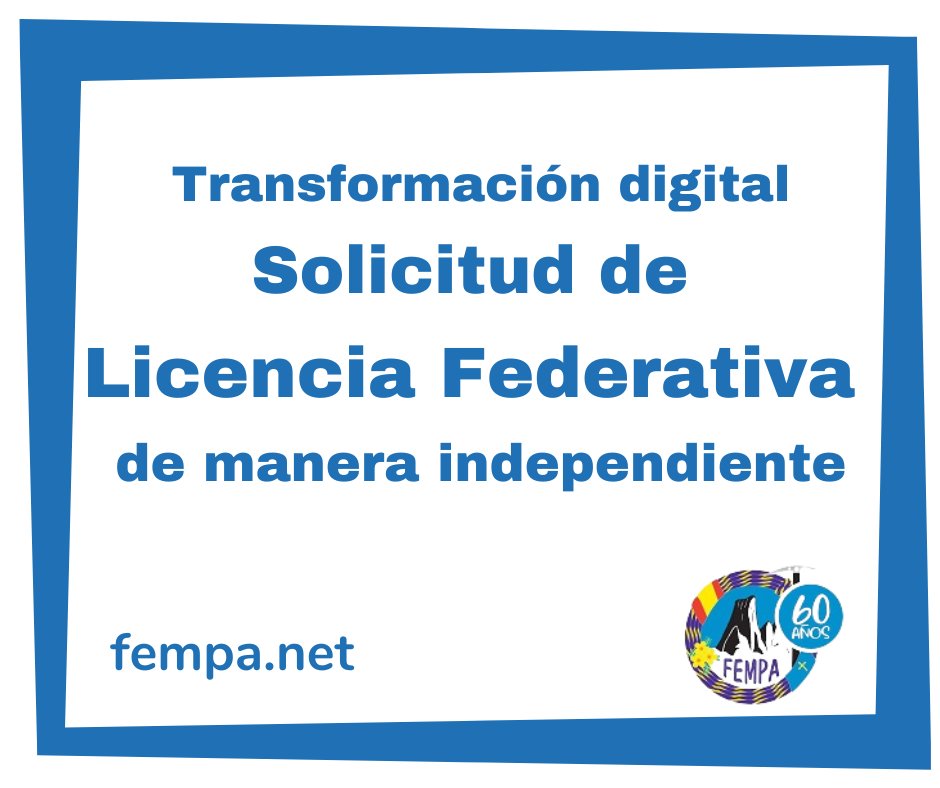 📢Comunicado Transformación digital
Solicitud de licencia Federativa de manera independiente
El proceso se realiza desde la sección Licencias > Información para deportistas de la web de la FEMPA.
+info: fempa.net/1/solicitud-de…
#FEMPA #LicenciaFederativaIndependiente #60añosFEMPA
