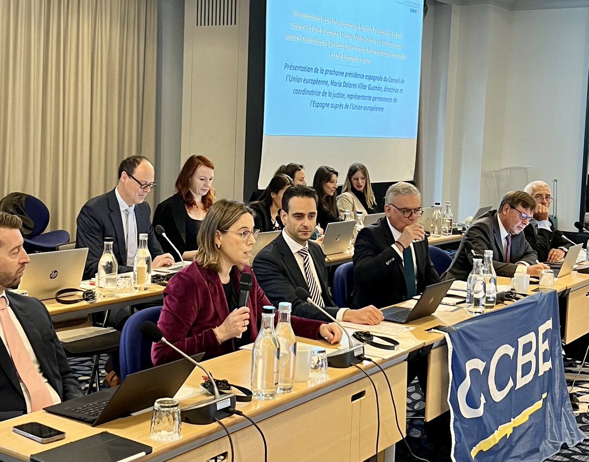 CCBEinfo's tweet photo. #CCBEStandingCommittee Speech from María Dolores Villar Guzmán, Justice Coordinating Director, Permanent Representative of Spain to the EU who presents the priorities in the field of Justice of the upcoming Spanish Presidency of the Council of the EU. https://t.co/K61a9U0LLS