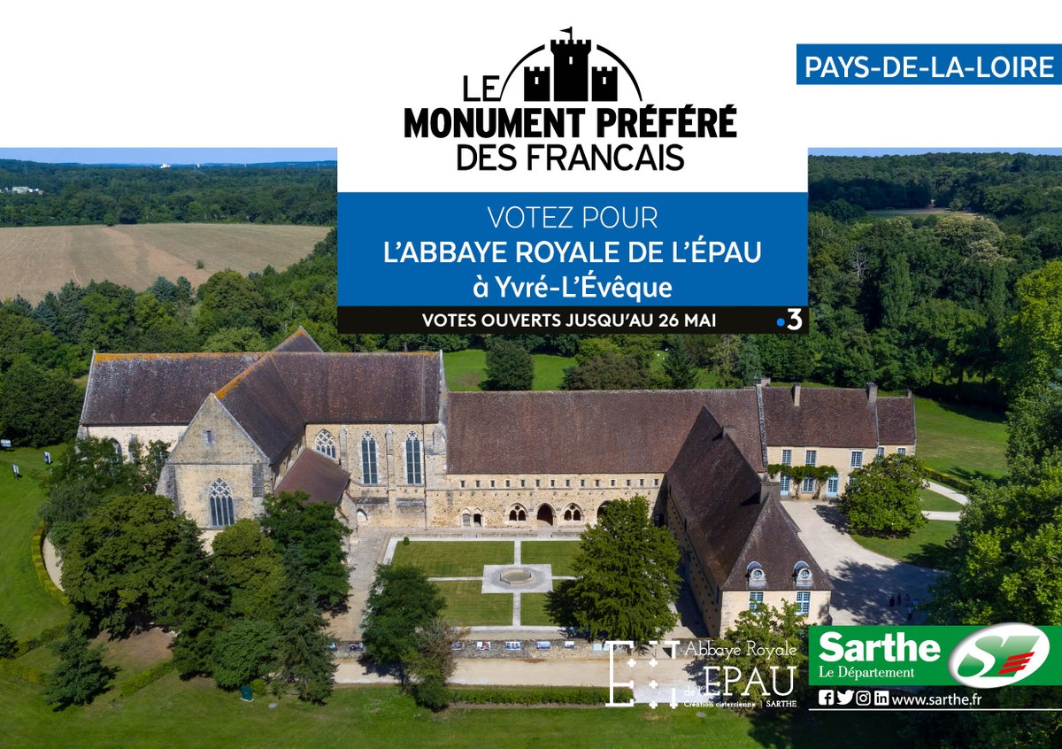 lasarthe_72's tweet photo. L'Abbaye Royale de l'Epau est sélectionnée parmi 3 monuments ligériens pour, peut-être, représenter les Pays de la Loire à l'occasion du vote national du Monument préféré des Français !

🗳️ Vous avez jusqu'au 26 mai pour la 1ère phase des votes : https://t.co/J2ngoj3tob https://t.co/W0lJut23dj