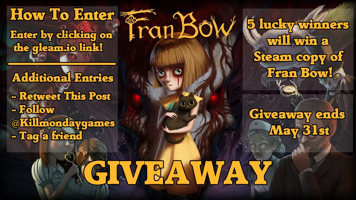 I'm working with @Killmondaygames to bring this amazing giveaway to you all! 5 lucky winners will get a Steam key for Fran Bow! Enter here: gleam.io/ZpmEC/blackros… *Giveaway ends May 31st. Winners will be contacted via email!* There's more giveaways planned so stayed tuned!