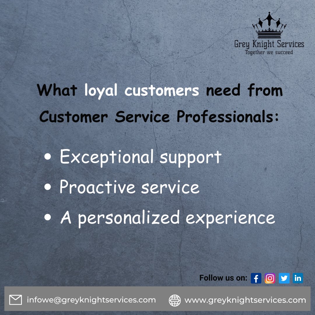 What loyal customers need from Customer Service Professionals: 
1. Exceptional support
2. Proactive service
3. A personalized experience

.
.
#outsource #outsourced #outsourcingservices #outsourcedmarketing #outsourcedaccounting #CallCenterAgent #callcentersolution