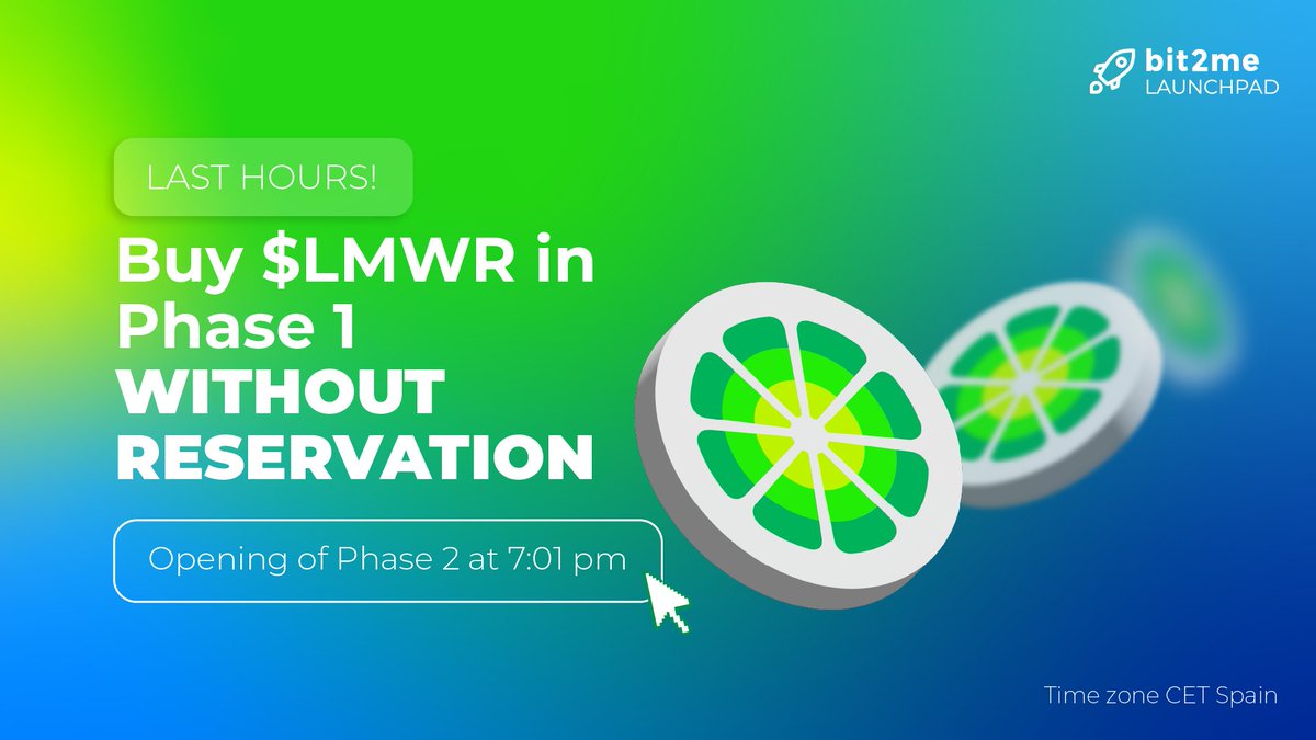 Bit2MeLaunchpad's tweet image. LAST day to buy $LMWR at €0.18! 💨

Participate in the purchase WITHOUT RESERVATION until this evening at 7 pm UTC+2.

🔔TODAY the phase 2 without reservation purchase opens from 7:02 pm, no blocking and no vesting!

We are running out of tokens! Buy now:
bit2me.uinterbox.com/tracking/clk?a…