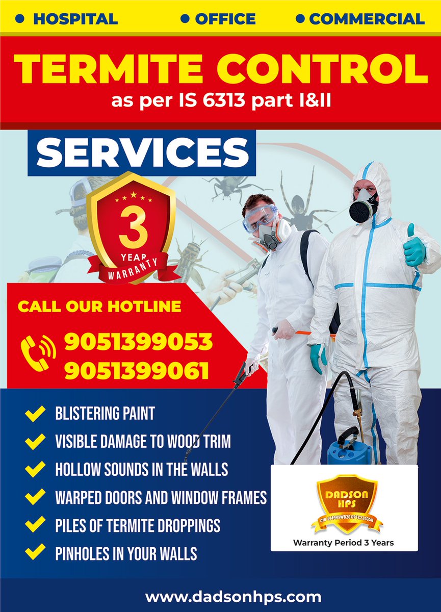 Dadsonhps's tweet image. TERMITE CONTROL
3 YEAR WARRANTY
as per IS 6313 part I&amp;amp;Il

*BLISTERING PAINT
*VISIBLE DAMAGE TO WOOD TRIM
*HOLLOW SOUNDS IN THE WALLS
*WARPED DOORS AND WINDOW FRAMES
*PILES OF TERMITE DROPPINGS
*PINHOLES IN YOUR WALLS
#dadsonhpsindia #termitecontrol #termitecontrolservice