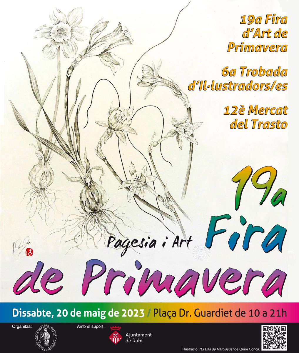 L´Associació Sant Galderic us convida a visitar la 19ª Fira d´Art de Primavera 🌈🌻🌺- la 6ªTrobada d´Il.lustradors/es i el 12è Mercat del Trasto, el proper dissabte 20 de Maig-2023 de 10:00h. a 20:00h. en la Pl. Doctor Guardiet Rubí -Església de Sant Pere -Us esperem a tots!!❤️