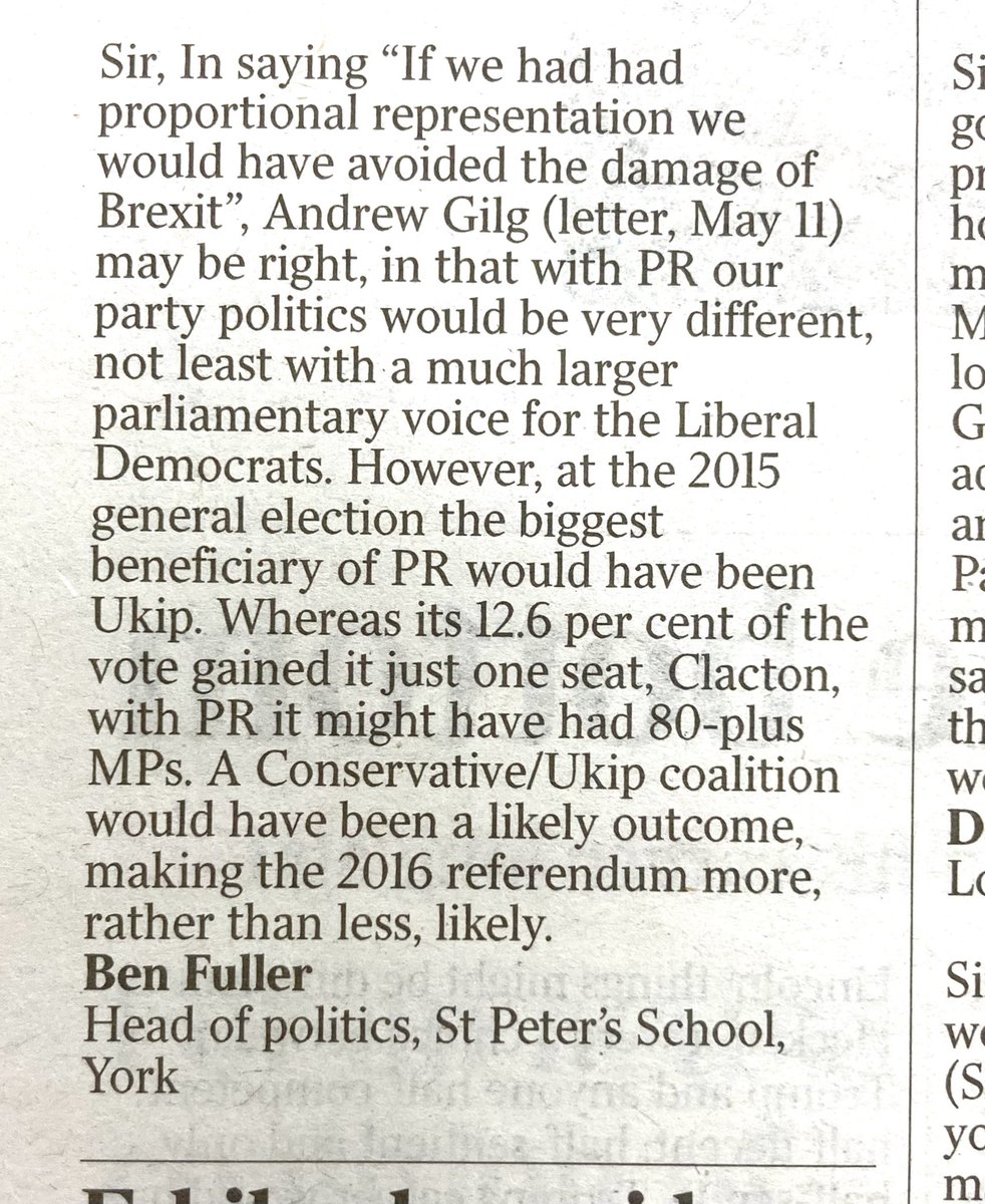 Letters to The Times

Would PR have helped stop #Brexit?

Looking at #GE2015 & #UKIP’s 12.6% of the vote, which would have gained them 80+ MPs under PR, I’m not so sure⬇️

#ProportionalRepresentation #LibDems #NigelFarage #r4today