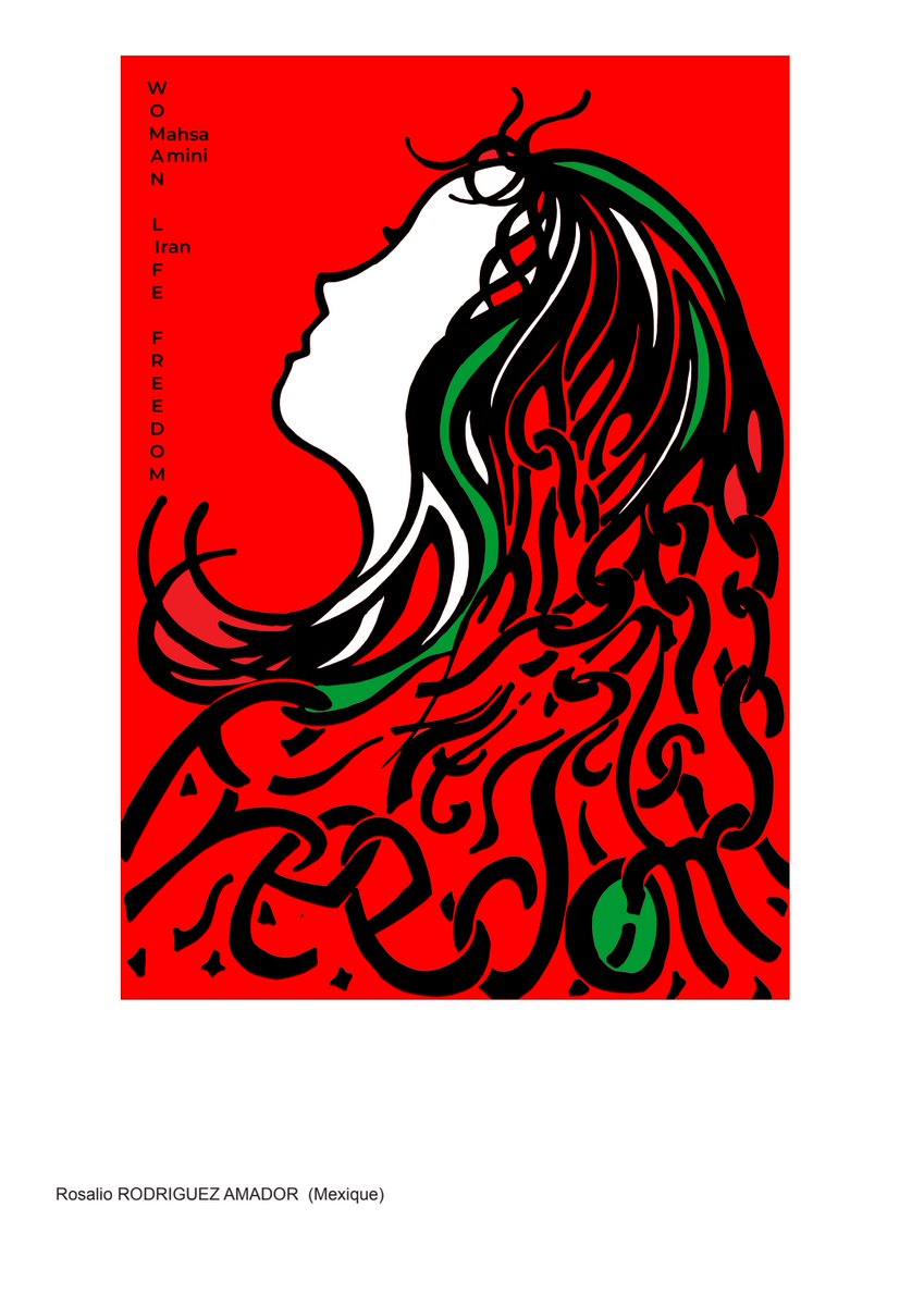 Femme, Vie, Liberté ! 
Aujourd'hui, dernière journée de l'exposition d'affiches qui rend hommage aux femmes iraniennes à la Bibliothèque Universitaire du Creusot. Il faut vite aller la voir ! 
Art : Rosalio Rodriguez Amador - Mexique #femme_vie_liberté#womanlifefreedom♥️🇮🇷✊🏻