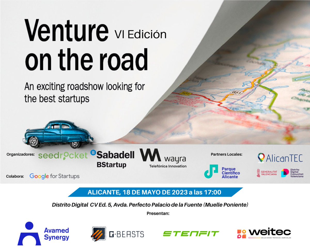 SeedRocket (@seedrocket) on Twitter photo 🚙 Ya tenemos los proyectos finalistas de #VentureOnTheRoad Alicante, nuestro #roadshow de <a href="/BStartup/">BStartup</a>, <a href="/seedrocket/">SeedRocket</a> y @WayraES:
👉 <a href="/AvamedSynergy/">Avamed Synergy</a>
👉 <a href="/gbeasts_gg/">GBeasts</a>
👉 <a href="/stenfit/">STENFIT</a>
👉 <a href="/Weitec_Oficial/">WEITEC</a>
Será el 🗓️18/5 en📍Alicante a las 17H.
Apúntate aquí🔗forms.gle/LghWhEmV2N81KS… 🚙 Ya tenemos los proyectos finalistas de #VentureOnTheRoad Alicante, nuestro #roadshow de <a href="/BStartup/">BStartup</a>, <a href="/seedrocket/">SeedRocket</a> y @WayraES:
👉 <a href="/AvamedSynergy/">Avamed Synergy</a>
👉 <a href="/gbeasts_gg/">GBeasts</a>
👉 <a href="/stenfit/">STENFIT</a>
👉 <a href="/Weitec_Oficial/">WEITEC</a>
Será el 🗓️18/5 en📍Alicante a las 17H.
Apúntate aquí🔗forms.gle/LghWhEmV2N81KS…