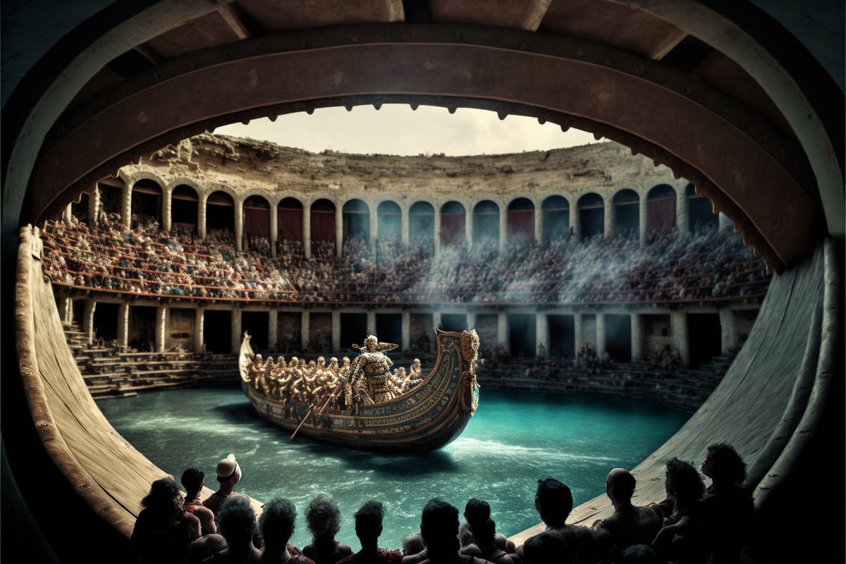 History____Geek's tweet image. 🏺💦 The ancient Greeks and Romans held mock naval battles in water-filled amphitheaters called &quot;naumachiae.&quot; 
These spectacles were popular for entertainment and politics and symbolized military power and glory. 

#AncientHistory #NavalBattles #Amphitheaters #FunFact