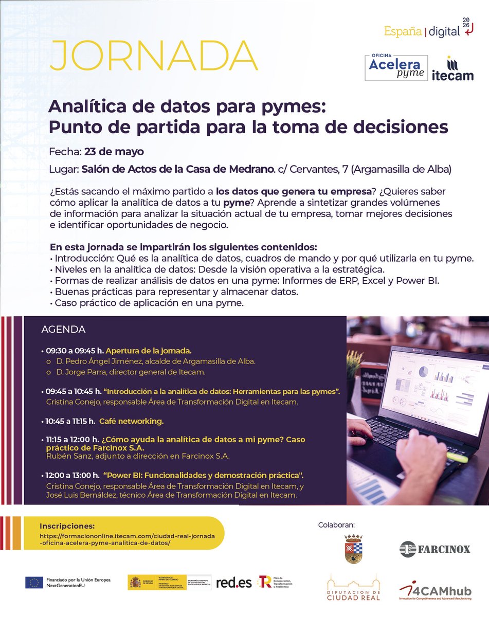 🤔 Descube cómo aplicar la analítica de datos para tomar mejores decisiones en tu empresa y detectar oportunidades de negocio ¡Apúntate a esta jornada, gratuita y presencial!
📆 Miércoles, 23 mayo
📍 Casa de Medrano #ArgamasilladeAlba
¡RESERVA TU PLAZA! 👉 formaciononline.itecam.com/ciudad-real-jo…