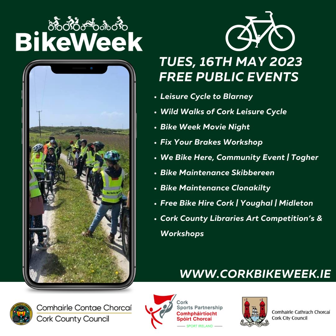🤩🚲 Bike Week Cork | Tues,13th May Events

Bike Week Cork kicks off tomorrow, check out some of the free, fun events happening throughout the week! 

📆 Sat, 13th-Sun, 21st May
📍 Cork City &amp; County
🚲 Over 260 Events
🎟️ Register now for FREE!!!

ℹ️ corksports.ie/latest-news/bi…