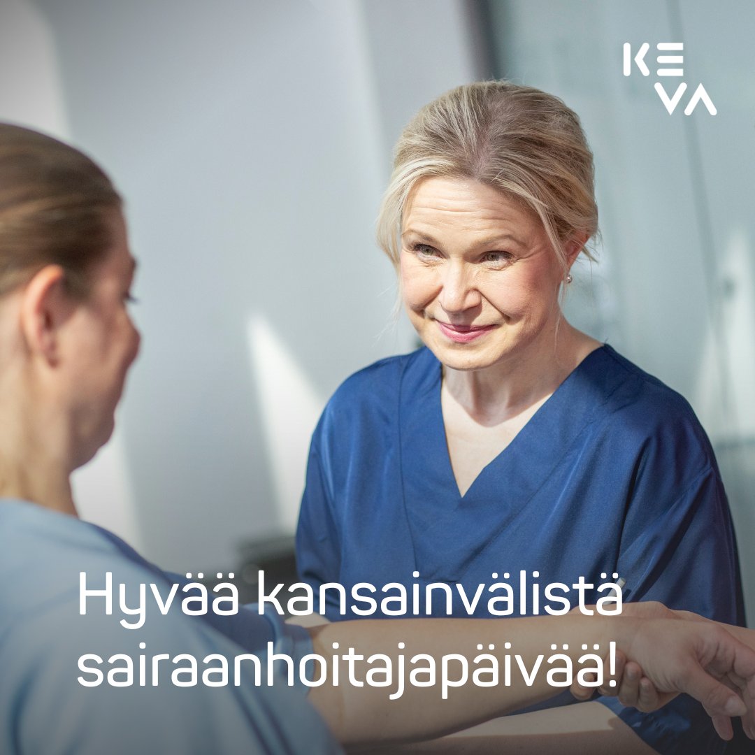 Tänään vietetään kansainvälistä sairaanhoitajapäivää. Kiitos tärkeästä työstänne hyvinvointimme eteen! Pidämme Kevassa huolta yli 52 700 sairaanhoitajan eläketurvasta ja että he jaksaisivat paremmin työssään.

#sairaanhoitajapäivä
