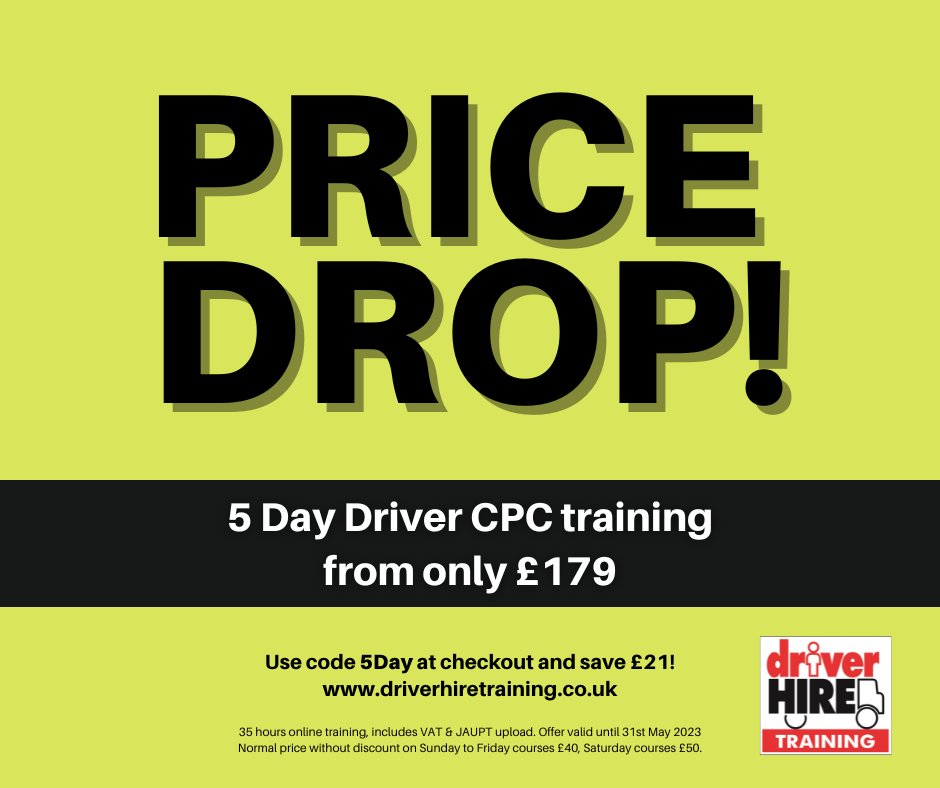 DH_Training's tweet image. SPECIAL OFFER! 5 days #DriverCPC now from just £179! That&apos;s £21 discount for all 5-day bookings. Price includes VAT &amp;amp; JAUPT upload. Use coupon code 5Day at checkout: driverhiretraining.co.uk/course/
#onlinecpc #drivercpctraining #cpctraining