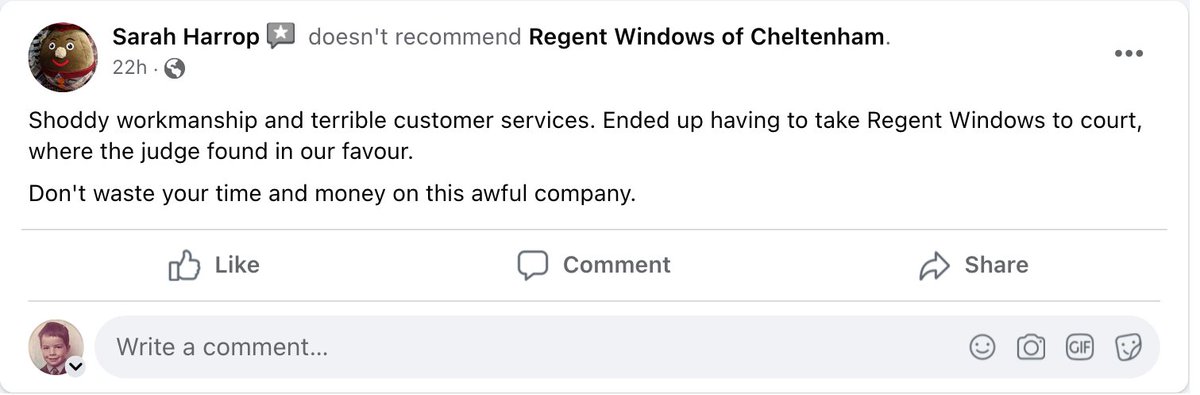 BewareRegent's tweet photo. One thing you can always rely on from Regents Windows of Cheltenham is a bad review!  #Windows #Doors #RegentWindows #CustomerExperience https://t.co/2jXX7OeRBB