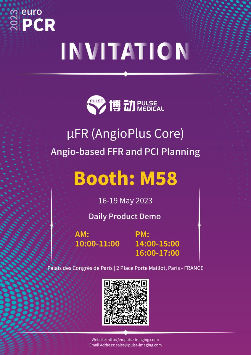 PulseMedTech's tweet photo. Only 3 days to EuroPCR! Welcome to visit our booth M58 to discover the latest and greatest products and technologies, Murray-law based #μFR #AngioPluscore and other intravascular imaging based FFR tech #OFR #UFR. #europcr https://t.co/uFZqKA7NSo
