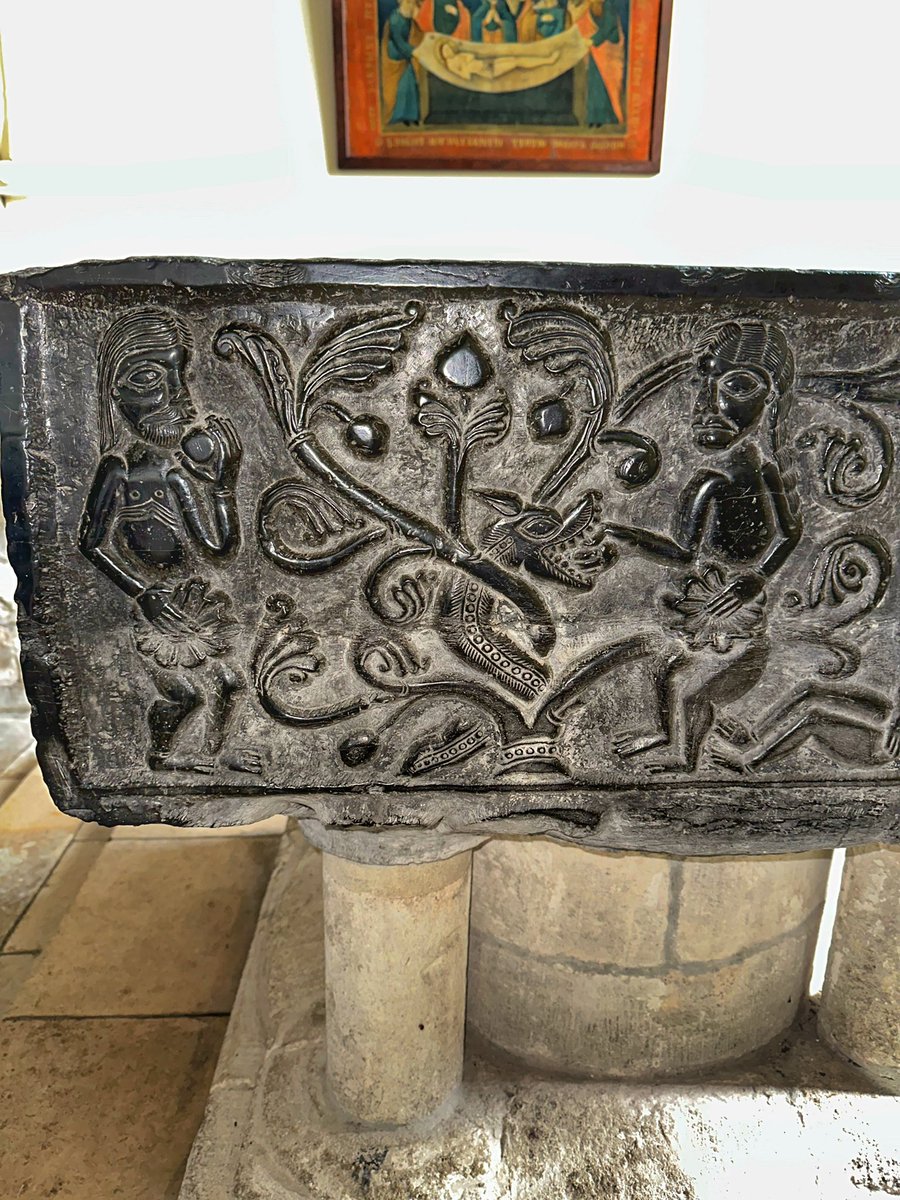 The spectacular Tournai font at East Meon shows the story of Adam & Eve, oddly depicted right to left.

God creates Adam, God creates Eve from Adam's rib, a pesky serpent causes a fruit-based incident

Tune in next week for the exciting conclusion of this story!

 #fontsonfriday