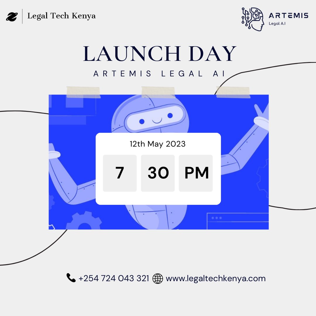 LegalTechKenya's tweet photo. It's Launch Day! Join us today from 7:30 p.m. East African Time for the highly anticipated launch of @ArtemisLegalAi. See it in action and experience its game-changing features in our interactive webinar: https://t.co/e85I6NeWwH
#ArtificialIntelligence #LegalTech #LegalInnovation https://t.co/ahU97ozcDP